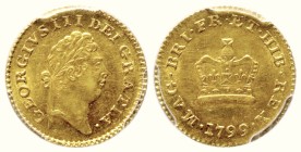 Großbritannien. Königreich. Georg III. (1760 - 1820).

1/3 Guinea (Gold). 1799. London.
PCGS MS 61 (61810261/27249114)
Vs: Kopf mit Lorbeerkranz r...