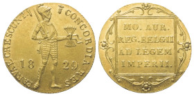 Niederlande. Königreich. Wilhelm I. (1813 - 1840).

 Dukat (Gold). 1829. Utrecht.
Vs: Ritter mit Schwert und Ährenbündel nach rechts stehend.
Rs: ...
