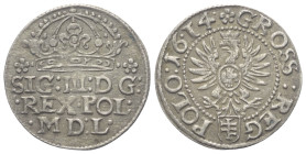 Polen. Königreich. Sigismund III. Wasa (1587 - 1632).

 Groschen (Silber). 1614. Krakau (Cracow).
Vs: Krone, flankiert von zwei Blüten, darunter dr...