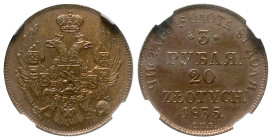 Polen. Königreich - Kongresspolen (Personalunion mit Russland, 1815 - 1867). Nikolaus I. (1825 - 1855).

 3 Rubel zu 20 Zloty, Probeabschlag (Kupfer...