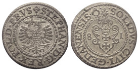 Polen. Danzig - Freie Stadt. Stephan Bathory (1576 - 1586).

 Solidus (Schilling) (Silber). 1581.
Vs: Titel von Stephan Bathory. Adler mit Schwert ...