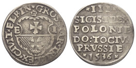 Polen. Elbing. Sigismund I. Stary (1506 - 1548).

 Dreigröscher (Silber). 1536. Elbing.
Vs: Stadtwappen.
Rs: Sechszeilige Inschrift.

21 mm. 2,5...