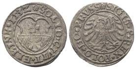 Polen. Elbing. Sigismund I. Stary (1506 - 1548).

 Solidus (Schilling) (Silber). 1538. Elbing.
Vs: Stadtwappen.
Rs: Adler mit Schwert im rechten F...