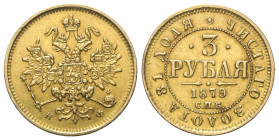 Russland. Zarenreich (bis 1917). Alexander II. (1855 - 1881).

 3 Rubel (Gold). 1879. Sankt Petersburg.
Vs: Gekrönter doppelköpfiger Reichsadler mi...