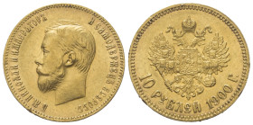 Russland. Zarenreich (bis 1917). Nikolaus II. (1894 - 1917).

 10 Rubel (Gold). 1900. St. Petersburg.
Vs: Kopf links.
Rs: Doppelköpfiger Reichsadl...