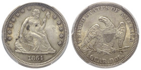 Nordamerika. USA.

 1/4 Dollar (Silber). 1864. Philadelphia.
PCGS MS 63 (545963/31959899)
Variety 1 resumed.
Vs: 'Liberty seated'. Sitzende Alleg...