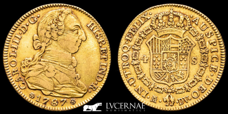 Carlos III (1759-1788) Gold 4 escudos 13.37 g. 30 mm. Madrid 1787 DV Good very f...