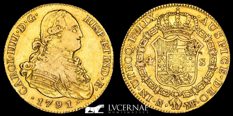 Carlos IV (1788 - 1808) Gold 4 Escudos 13,38 g, 29 mm Madrid 1791 MF Good very f...