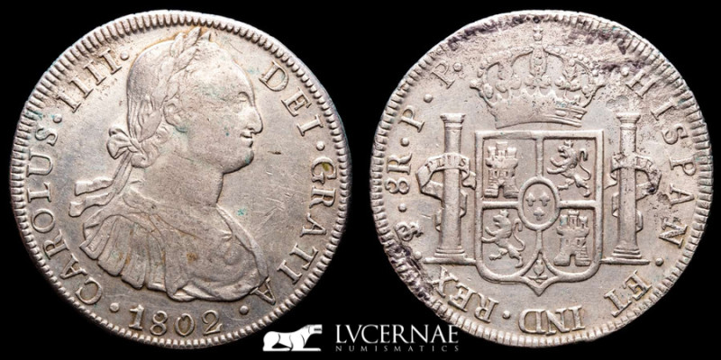 Carlos IV 1788-1808 Silver 8 Reales 26.72 g, 40 mm. Potosi 1802 PP Good very fin...