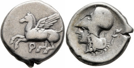Stater AR
Corinthia, Corinth, c. 375-300 BC, Ϙ Pegasos flying left, Head of Athena to left, wearing Corinthian helmet; behind neck guard, E and torch...