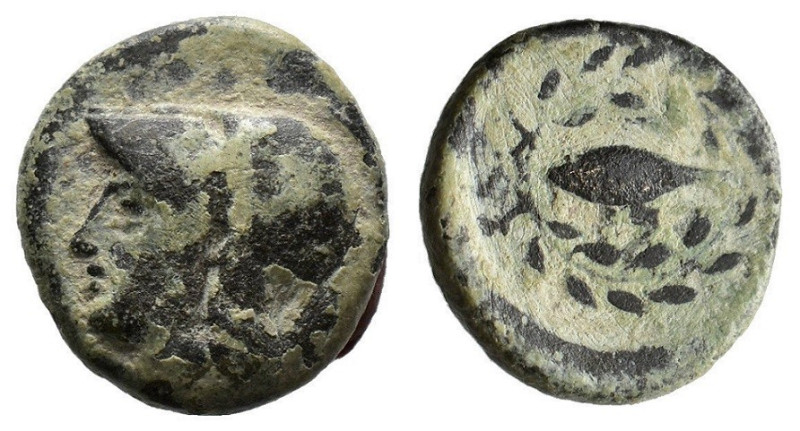 Bronze Æ
Aeolis, Elaia, c. 340-300 BC, Helmeted head of Athena to left / Barley...