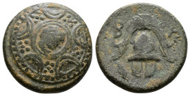 Bronze Æ
Kings of Macedon, Philip III Arrhidaios (323-317 BC), Macedonian shield, with facing gorgoneion on boss / helmet
18 mm, 4,30 g