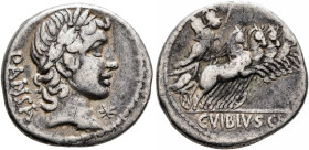 Denarius AR
C. Vibius C.f. Pansa, 90 BC, Rome, PANSA Laureate head of Apollo to right; below chin, star (mark of value) / C•VIBIVS•C•F Minerva drivin...