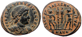 Follis Æ
Constantinus II (Caesar, 317-337), Antioch, CONSTANTINVS IVN NOB C, cuirassed and laureate bust right / GLORIA EXERCITVS / SMANE, two soldie...