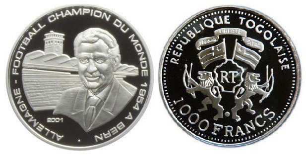 1000 Francs AR
Togo, 2001, World Cup 1954, Switzerland, Silver 999/1000
35 mm,...