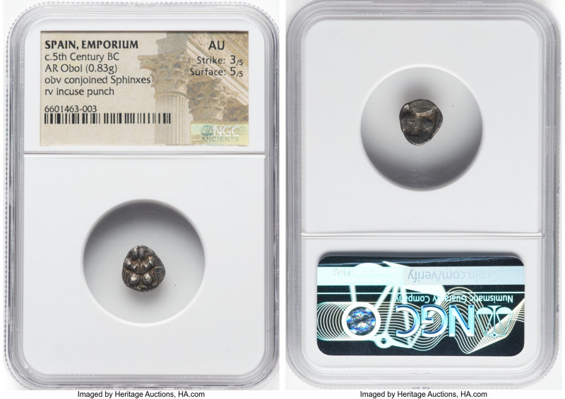 SPAIN. Emporium. Ca. 5th century BC. AR obol (10mm, 0.83 gm). NGC AU 3/5 - 5/5. ...