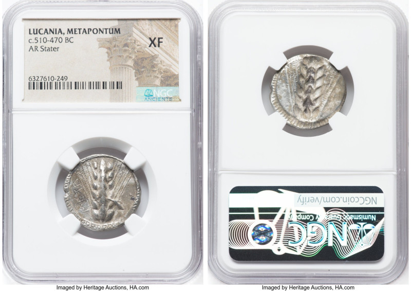 LUCANIA. Metapontum. Ca. 510-470 BC. AR stater (22mm, 6h). NGC XF. META, barley ...