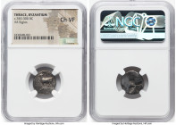 THRACE. Byzantium. Ca. 350-300 BC. AR siglos (17mm). NGC Choice VF. Bull standing left on dolphin left; ΠY above / Quadripartite incuse square of mill...