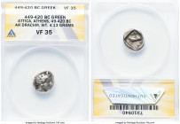 ATTICA. Athens. Ca. 450-404 BC. AR drachm (16mm, 4.13 gm, 7h). ANACS VF 35. Head of Athena right, wearing crested Attic helmet ornamented with three l...