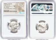 ATTICA. Athens. Ca. 440-404 BC. AR tetradrachm (23mm, 17.19 gm, 9h). NGC Choice AU 5/5 - 4/5. Mid-mass coinage issue. Head of Athena right, wearing ea...