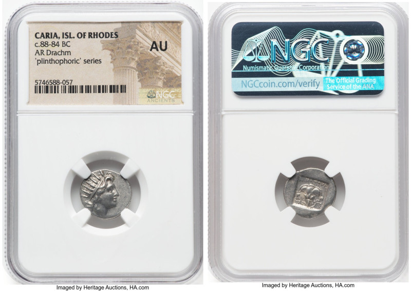 CARIAN ISLANDS. Rhodes. Ca. 88-84 BC. AR drachm (15mm, 1h). NGC AU. Plinthophori...