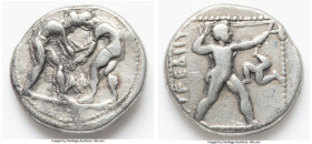 PAMPHYLIA. Aspendus. Ca. 380-250 BC. AR stater (22mm, 12h). Fine, die shift. Two wrestlers grappling; ΑΦ between / EΣTFEΔIIYΣ, slinger striding to rig...