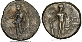 CILICIA. Issus. Ca. 400-370 BC. AR stater (23mm, 3h). NGC VF. IΣΣI, Apollo standing facing, head left, patera in extended right hand, resting against ...