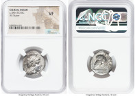 CILICIA. Soloi. Ca. 385-350 BC. AR stater (22mm, 1h). NGC VF. Head of Athena right, wearing crested Attic helmet, bowl decorated with leaping griffin ...