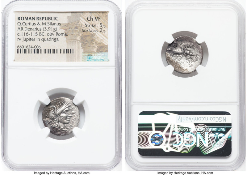 Q. Curtius & M. Silanus (ca. 116-115 BC). AR denarius (19mm, 3.91 gm, 7h). NGC C...