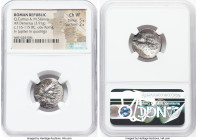 Q. Curtius & M. Silanus (ca. 116-115 BC). AR denarius (19mm, 3.91 gm, 7h). NGC Choice VF 5/5 - 2/5. Rome. Q•CVRT, head of Roma right, wearing winged h...
