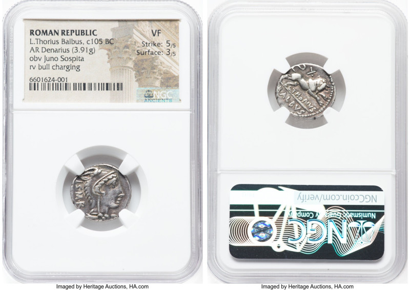 L. Thorius Balbus (ca. 105 BC). AR denarius (18mm, 3.91 gm, 7h). NGC VF 5/5 - 3/...