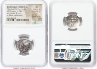 P. Clodius M.f. Turrinus (42 BC). AR denarius (20mm, 3.74 gm, 6h). NGC XF 3/5 - 2/5, bankers marks. Rome. Laureate head of Apollo right; lyre in left ...