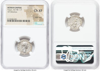 Trajan (AD 98-117). AR denarius (19mm, 7h). NGC Choice XF, edge filing. Rome, ca. AD 107-108. IMP TRAIANO AVG GER DAC P M TR P, laureate bust of Traja...