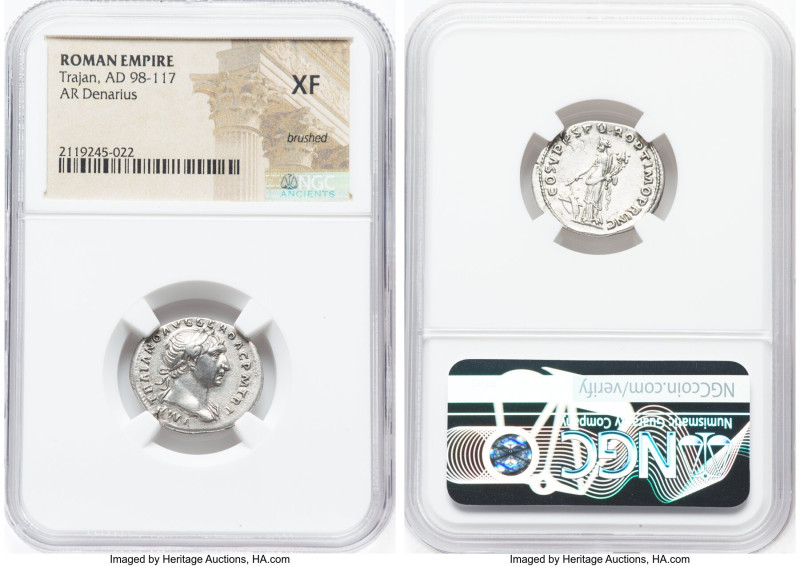 Trajan (AD 98-117). AR denarius (20mm, 6h). NGC XF, brushed. Rome, AD 107-108. I...