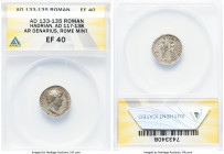 Hadrian (AD 117-138). AR denarius (17mm, 6h). ANACS XF 40. Rome, ca. AD 134-138. HADRIANVS-AVG COS III P P, bare head of Hadrian right / FELICITAS-AVG...