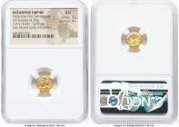 Heraclius (AD 610-641), with Heraclius Constantine. AV solidus (11mm, 4.35 gm, 6h). NGC AU 5/5 - 4/5. Carthage, 14th Indictional Year, 2nd cycle (AD 6...