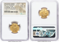 Basil I the Macedonian (AD 868-886), with Constantine. AV solidus (20mm, 4.43 gm, 6h). NGC AU 5/5 - 4/5. Constantinople, AD 870-871. + IhS XPS RЄX-RЄG...