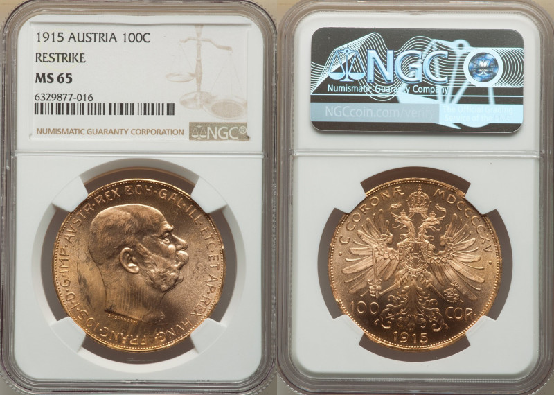 Franz Joseph I gold Restrike 100 Corona 1915 MS65 NGC, Vienna mint, KM2819, Fr-5...