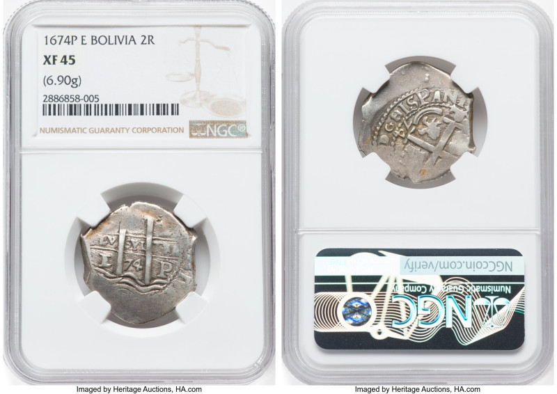 Charles II Cob 2 Reales 1674 P-E XF45 NGC, Potosi mint, KM24. 6.90gm. HID0980124...