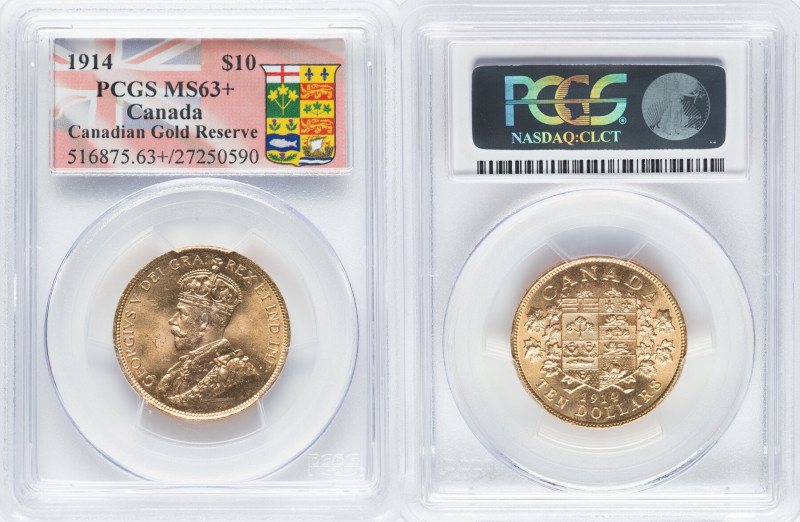 George V gold 10 Dollars 1914 MS63+ PCGS, Ottawa mint, KM27, Fr-3. Three year ty...