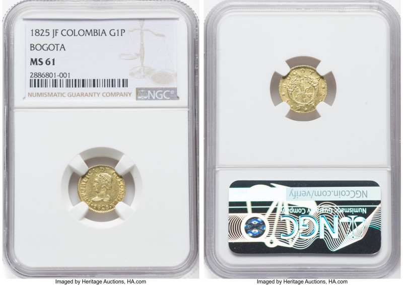 Republic gold Peso 1825-JF MS61 NGC, Bogota mint, KM84. HID09801242017 © 2022 He...