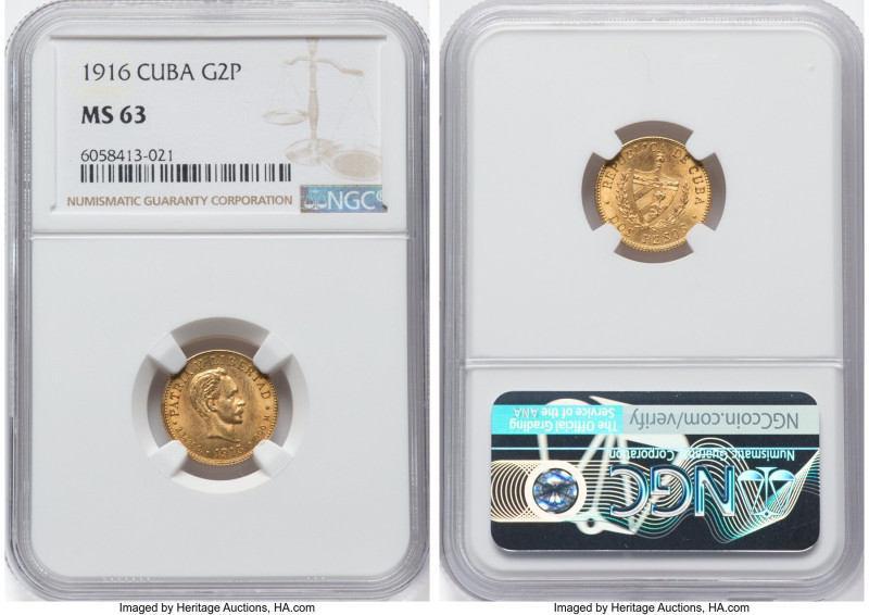 Republic gold 2 Pesos 1916 MS63 NGC, Philadelphia mint, KM17, Fr-6. HID098012420...