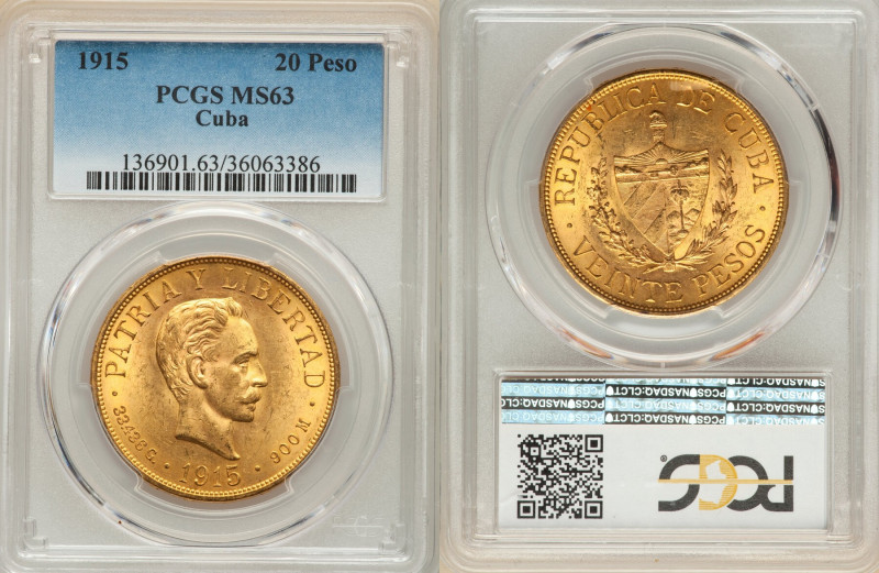 Republic gold 20 Pesos 1915 MS63 PCGS, Philadelphia mint, KM21, Fr-1. HID0980124...