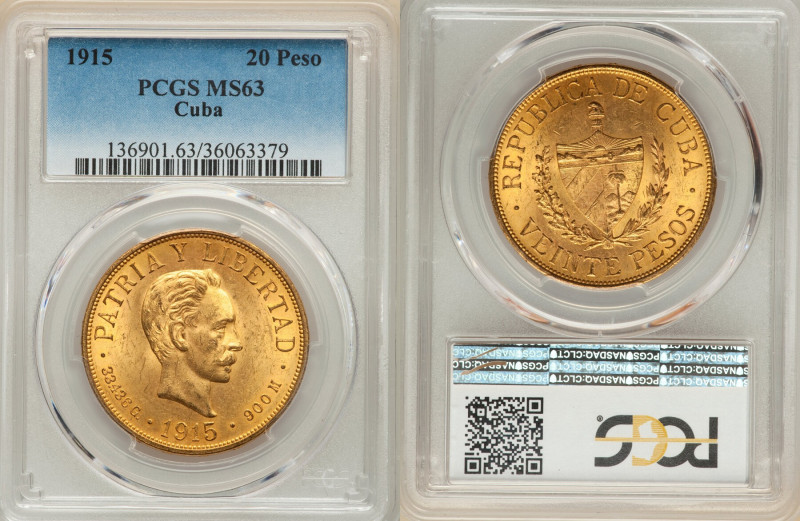 Republic gold 20 Pesos 1915 MS63 PCGS, Philadelphia mint, KM21, Fr-1. HID0980124...