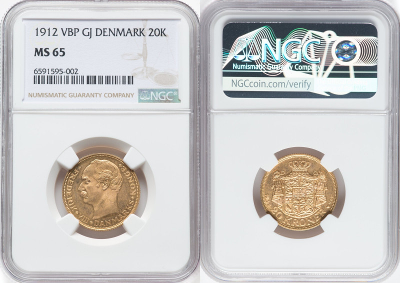 Frederick VIII gold 20 Kroner 1912 (h)-VBP MS65 NGC, Copenhagen mint, KM810, Fr-...