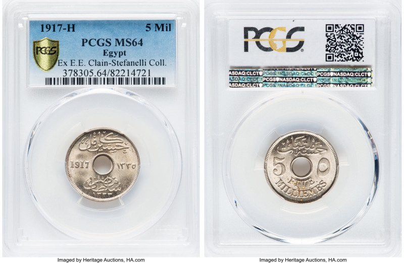 Hussein Kamil 5 Milliemes AH 1335 (1917)-H MS64 PCGS, Heaton mint, KM315. Ex. E....