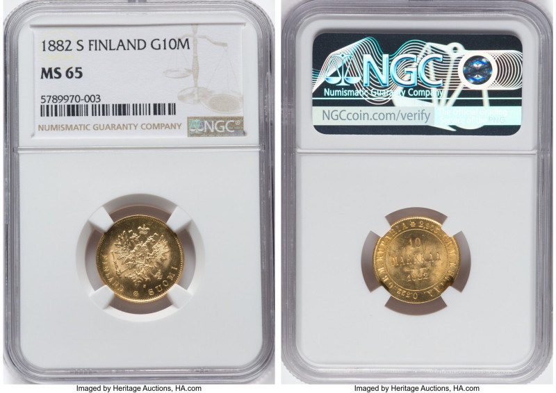 Russian Duchy. Alexander III gold 10 Markkaa 1882-S MS65 NGC, Helsinki mint, KM8...