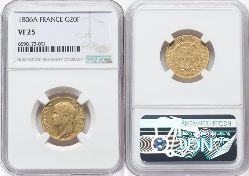 Napoleon gold 20 Francs 1806-A VF25 NGC, Paris mint, KM674.1,Fr-487a. HID0980124...