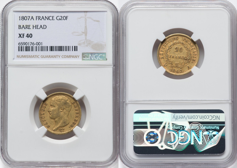 Napoleon gold 20 Francs 1807-A XF40 NGC, Paris mint, KM687.1, Fr-487a. Bare Head...