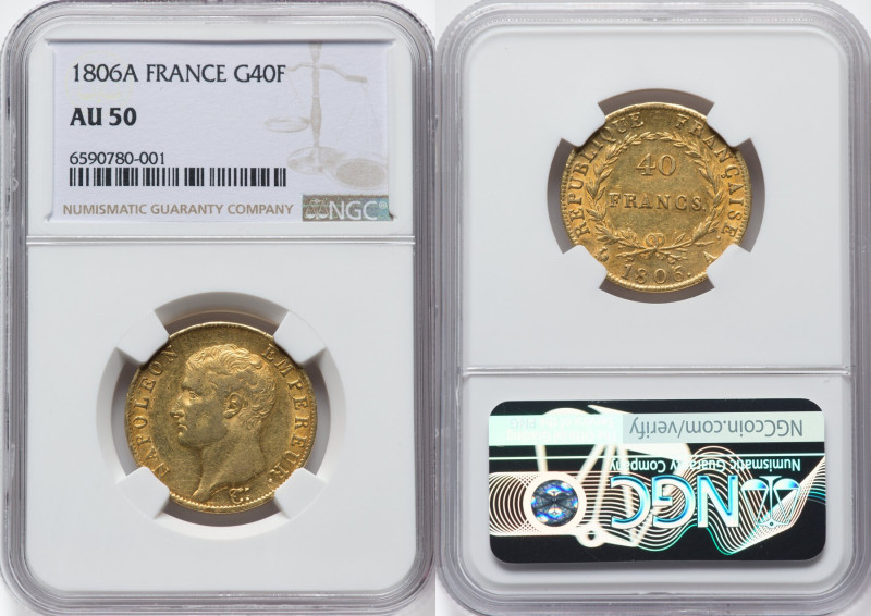 Napoleon gold 40 Francs 1806-A AU50 NGC, Paris mint, KM675.1, Fr-481. HID0980124...